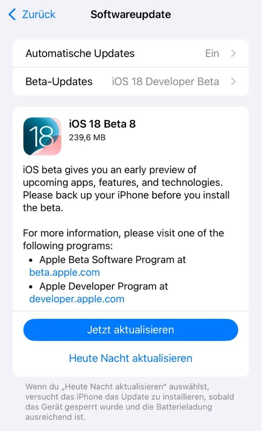 扎鲁特苹果手机维修分享苹果 iOS / iPadOS 18 开发者预览版 Beta 8 发布 